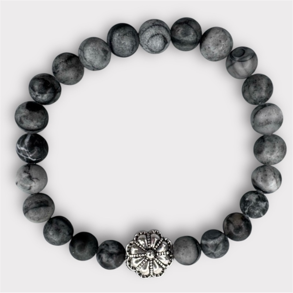 HAND CRAFTED Picasso Gemstone Beaded Stretch Stack Bracelet Sterling Silver Bead